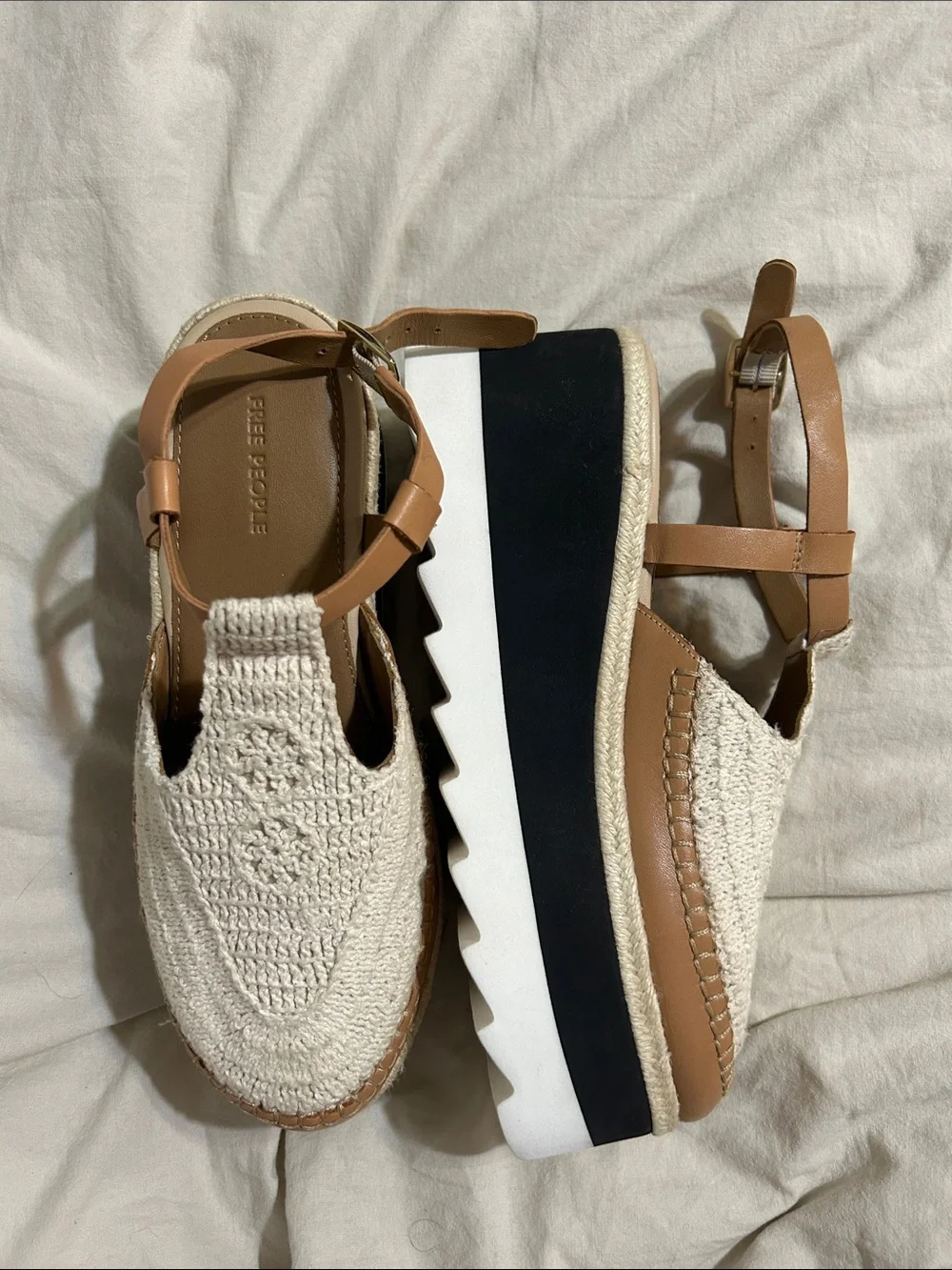Free People Cream Crochet Platform Espadrille Sandals with Tan Straps